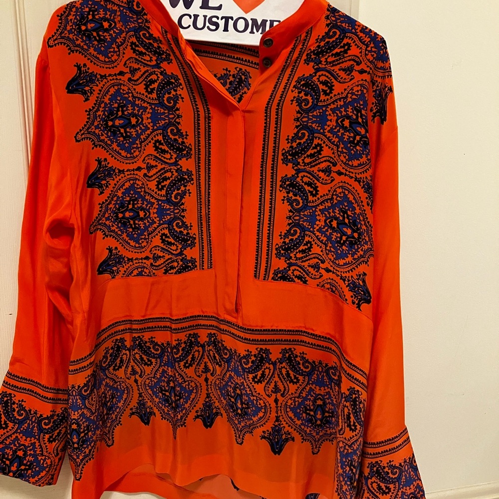 J. Crew Orange Blue Silk Graphic Long Sleeve Blouse